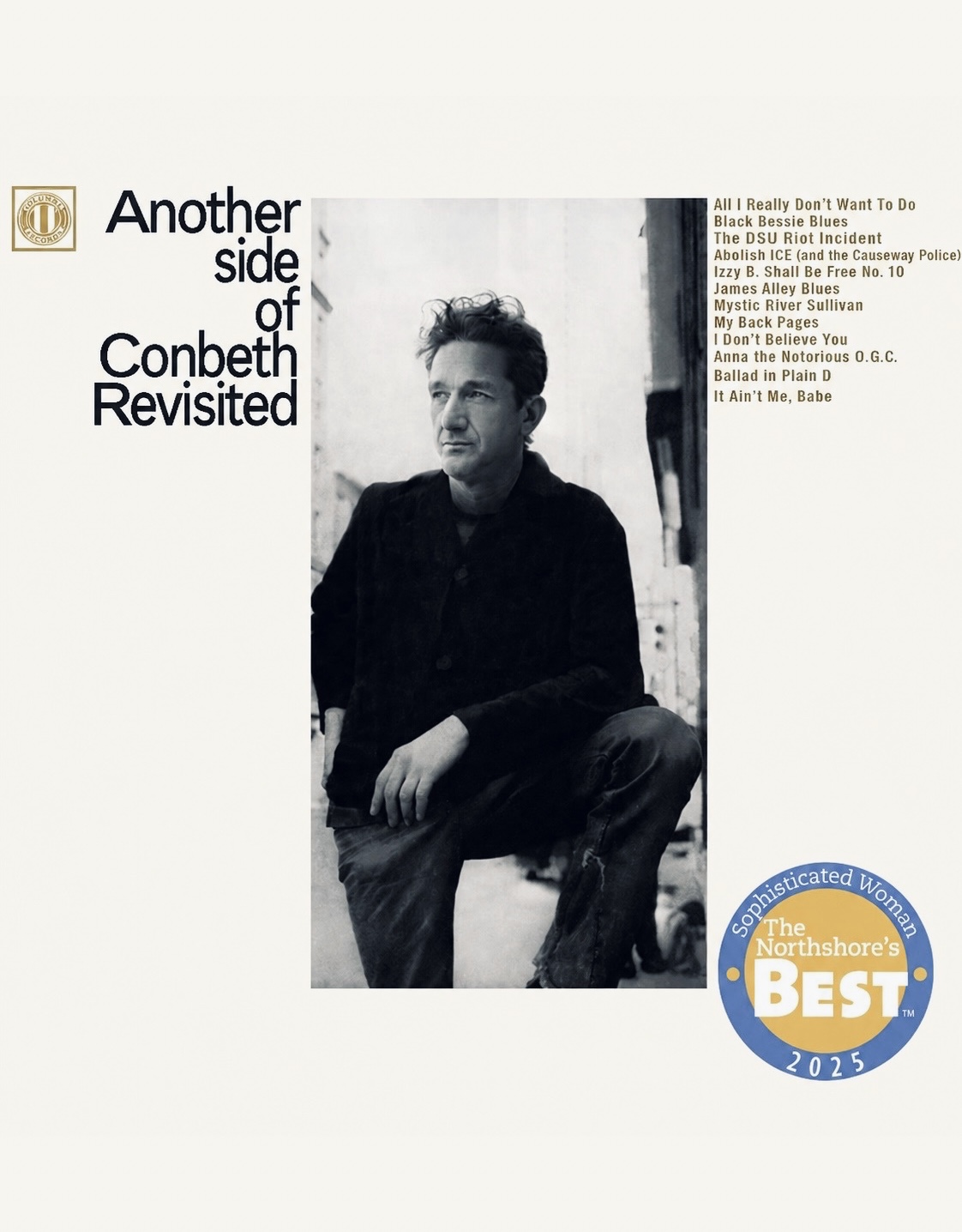 Black and white Conbeth Revisited portrait with award badge
